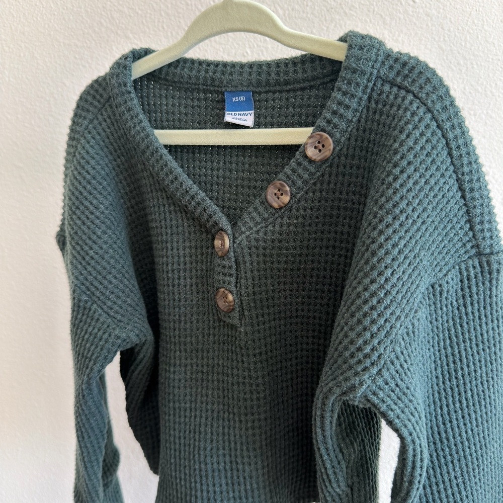 Old Navy Girls Green Waffle Knit Henley Sweater XS 5 Cozy Fall - Picture 2 of 5